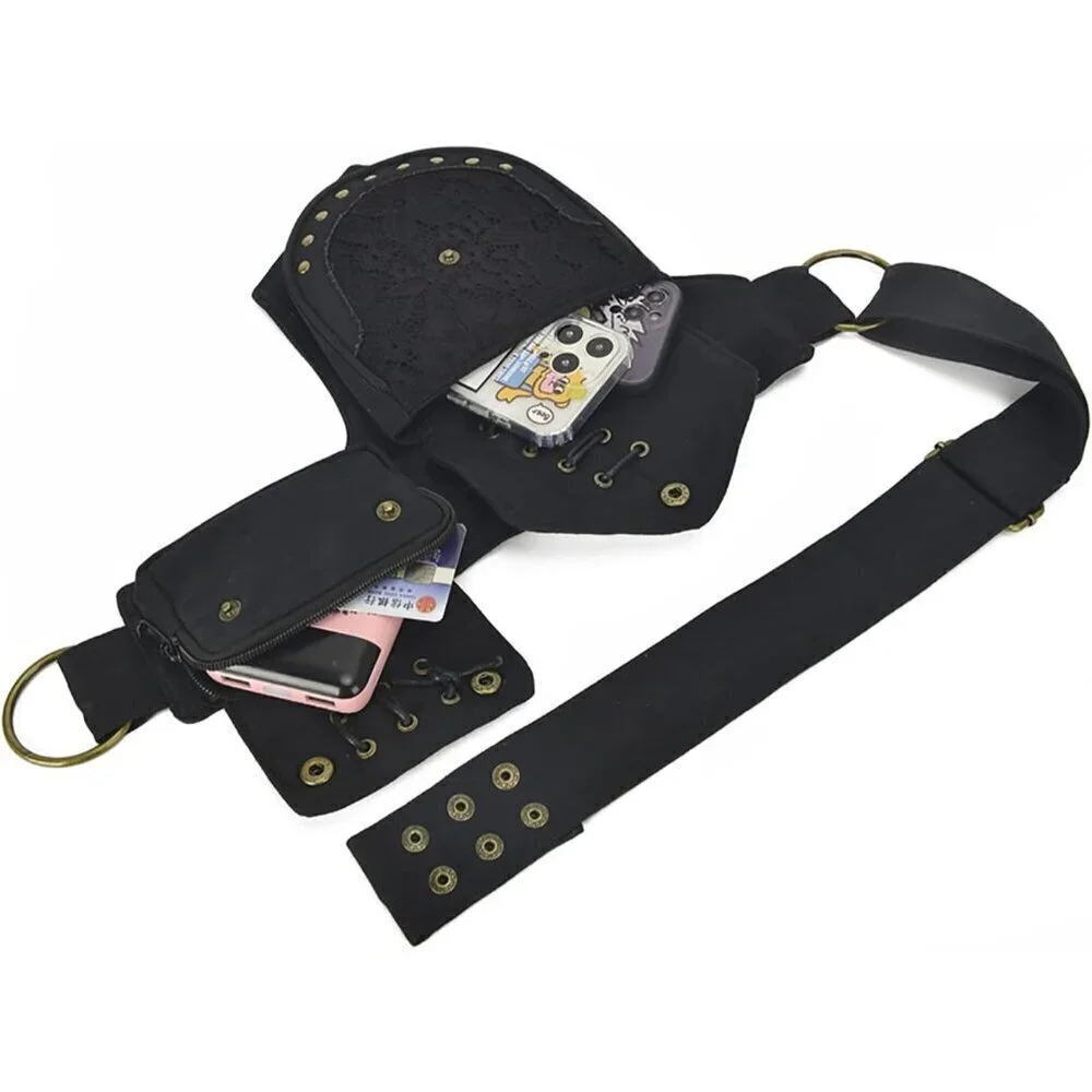 💫 Men Black Waist Bag Faire Festival Lace Utility Hip Accessories Fanny Pack